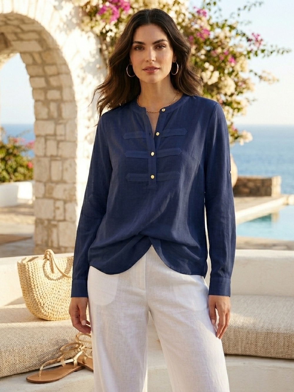 Banana Republic Women's XL Navy Blue Blouse Long Sleeve Gold Button shirt